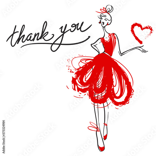 Fashion attractive wedding background with bride in red dress. Beautiful hand drawn sketch on white background. Fashion, style, beauty, advertising greeting card, banner.