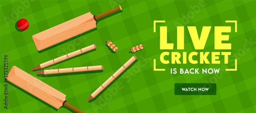 Live Cricket Is Back Now Text with Top View of Bat, Ball and Wicket Stumps on Green Tartan Pattern Background. Header or Banner Design.