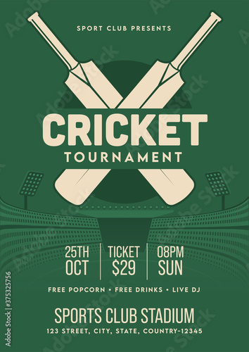 Cricket Tournament Template or Flyer Design in Retro Style with Venue Details.