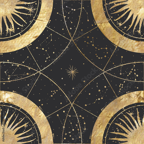 chic golden luxurious retro vintage engraving style. image of the sun and moon phases. culture of occultism. Vector graphics