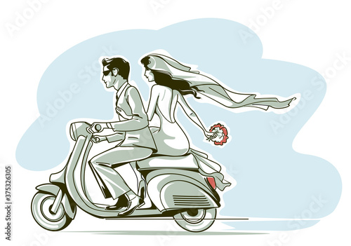 Happy newlyweds riding a motorcycle. Old-fashioned illustration of the style of the 50s.