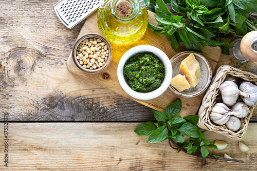 Pesto. Ingredients for making pesto sauce. Top view. Copy space