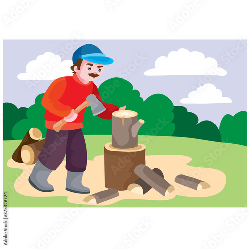 a man in a red sweater pricks a stump on the firewood with an ax, picnic, raota around the house, cartoon illustration, vector,