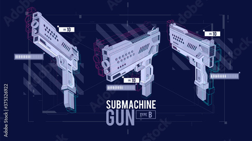 Vector Sub Machine Gun HUD Design Vector Illustration. Weapon design poster for website, book cover, mobile app, and games.