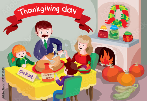 family  during a thanksgiving  gathered at one table and celebrates  behind the fireplace with fire  pumpkins lie around it  cartoon illustration  vector 