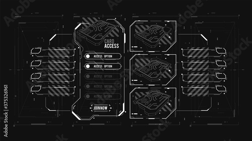Biometric Access Control System Cards in hud style. Electronic modern system for opening, closing, lock and unlock doors. Touch sensor. System safety, protection.