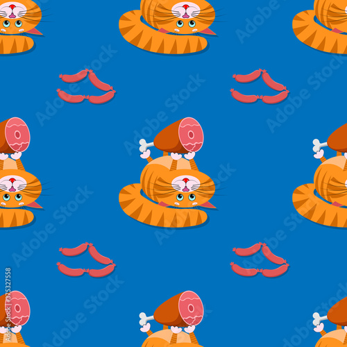 A cute cartoon red fat cat holds in its paws big appetizing ham. Seamless ornament, texture, pattern, background and template. Vector