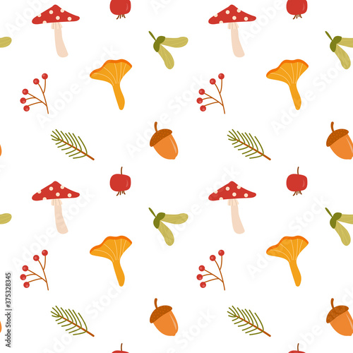 Fall flat vector seamless pattern. Autumn decorative background. Forest leaves and mushrooms texture. Fall season foliage and berries wrapping paper, textile, wallpaper design. Vector illustration.