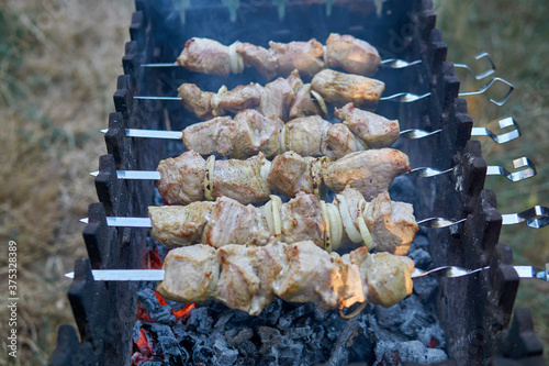 Grilling marinated shashlik on a grill. Shashlik is a form of Shish kebab  popular in Eastern, Central Europe and other places. Shashlyk meaning skewer  Stock Photo - Alamy