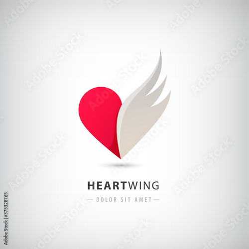 Vector red heart half logo with wing. Abstract icon concept, freedom, love, support