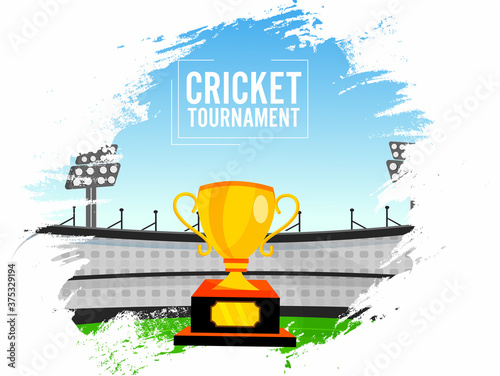 Cricket Tournament Concept with Trophy Cup on Abstract Brush Stroke Effect Stadium View Background.