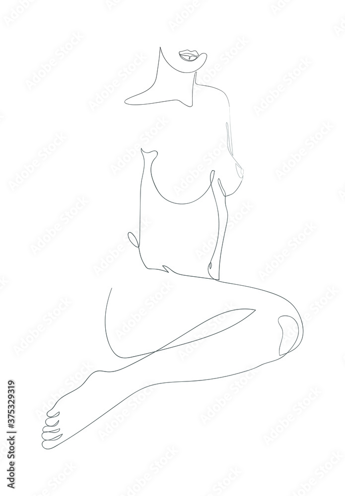 Continuous line Naked woman or one line drawing on white isolated background. fashion concept, woman beauty minimalist, illustration of a beautiful nude figure. 