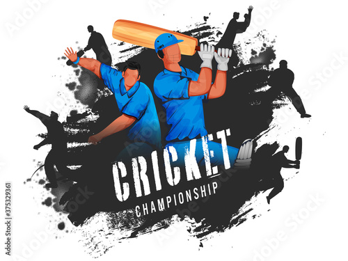 Cricket Players in Different Poses with Black Brush Stroke on White Background for Championship.
