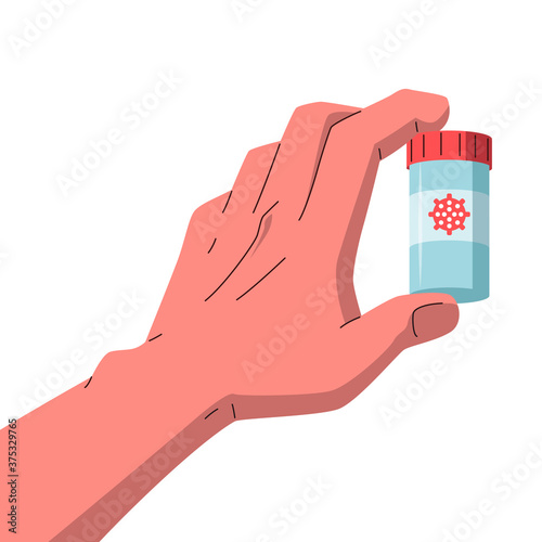 Coronavirus vaccine in a hand. Vector illustration of a hand holding vaccine medicine bottle with a coronavirus label. Represents a concept of breakthrough in medicine, discovery, vaccine research