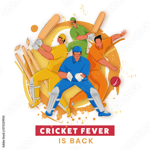 Faceless Character of Cricket Players in Different Poses and Yellow Brush Stroke Effect on White Background.