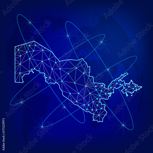 Global logistics network concept. Communications network map of Uzbekistan on the world background. Map of Uzbekistan with nodes in polygonal style. EPS10. 
