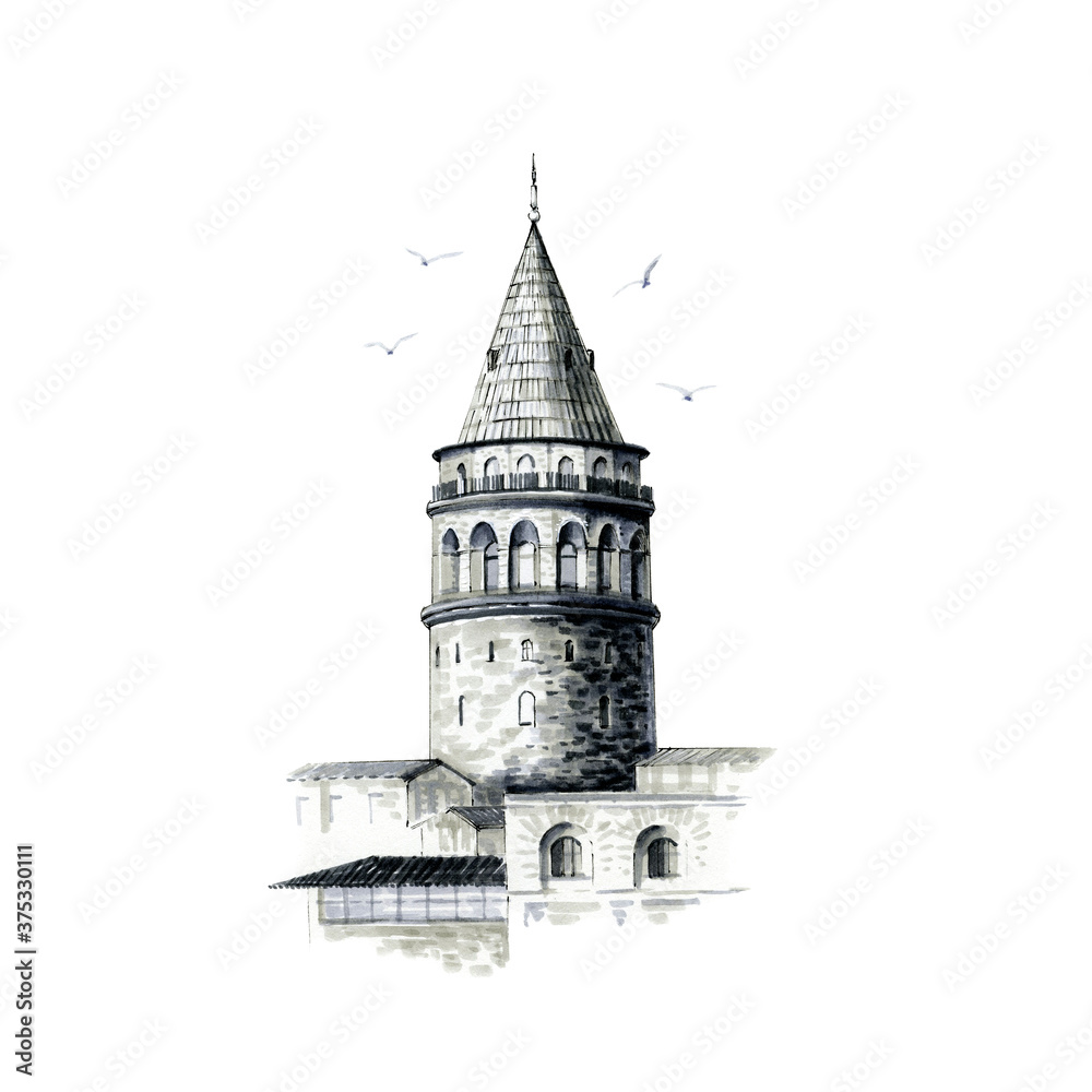 Galata Tower in İstanbul. Watercolor illustration. Black on white. 