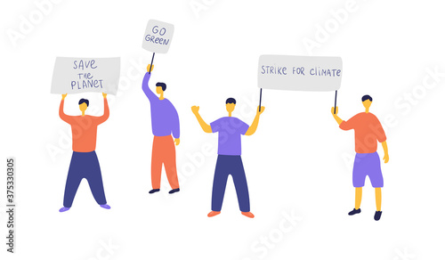 Eco activists staged protest. People protesting against environmental pollution. Men and women with placards went on strike. Green organization protects nature. Vector flat illustration