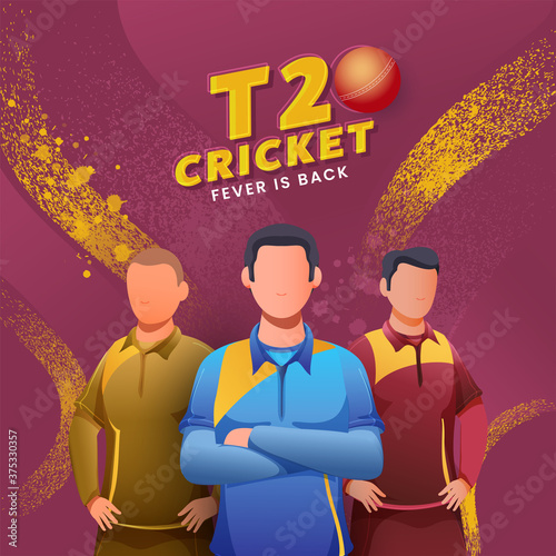 T20 Cricket Fever Is Back Text with Red Ball and Faceless Cricketers Character on Pink and Yellow Noise Brush Effect Background.