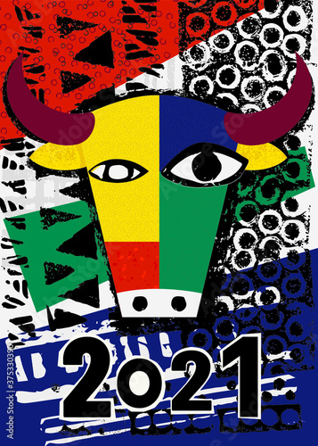 2021 year of the ox . Modern vector illustration , collage  with colorful paper cut, hand drawn stamps and textures.  Animal holidays character zodiac 