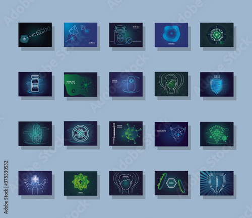 immunity icon set, shield protecting from viruses, germs and bacteria