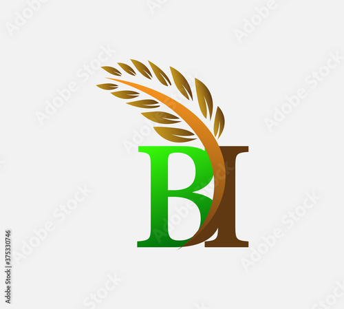 initial letter logo BI, Agriculture wheat Logo Template vector icon design colored green and brown.