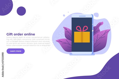 Gift order online, Online shopping, E commerce concept. People buy gifts. Vector illustration