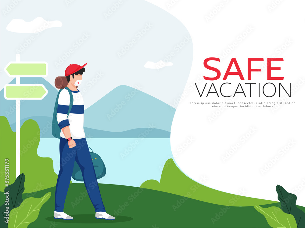 Tourist Man Wear Protective Mask and Signboard on Landscape Nature Background for Safe Vacation.