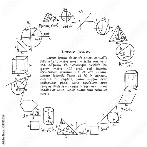 Card template with hand drawn mathematics formules and other elemets. Science collection. Vector doodlle illustration