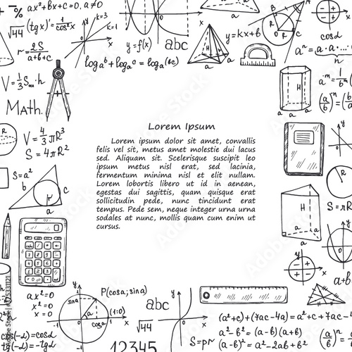 Card template with hand drawn mathematics formules and other elemets. Science collection. Vector doodlle illustration