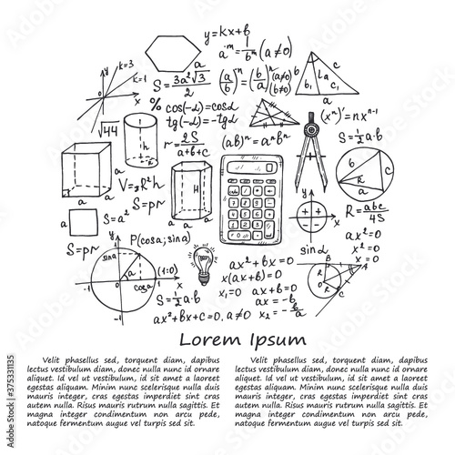 Illustration with hand drawn mathematics formules and other elemets. Science collection. Vector.