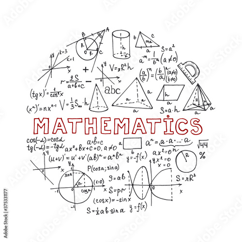 Round composition with hand drawn mathematics formules and other elemets. Science collection. Vector doodlle illustration