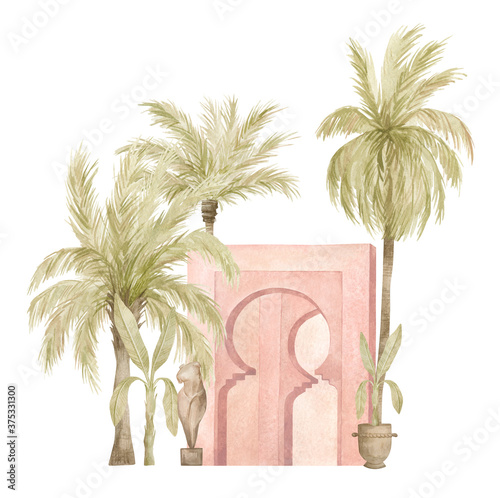 Watercolor set with pink arch, green palm. Moroccan composition with urban jungle elements, coconut trees. Aesthetic North African architecture. Vintage poster photo