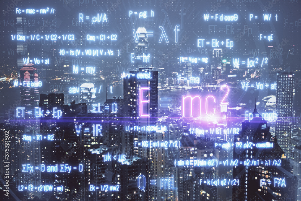 Double exposure of sience formula drawing and cityscape background. Concept of education. Double exposure of sience formula drawing and cityscape background. Concept of education.
