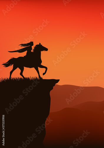 medieval princess riding horse at sunset cliff - vector fairy tale silhouette scene