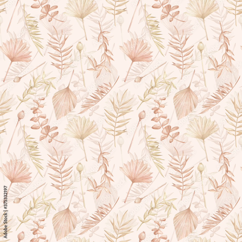 Watercolor seamless pattern with tropical  dried plants in pastel pink color. Gentle nature elements. Leaf, foliage, branch, jungle flora. Summer background for wallpaper, textile, wedding decoration