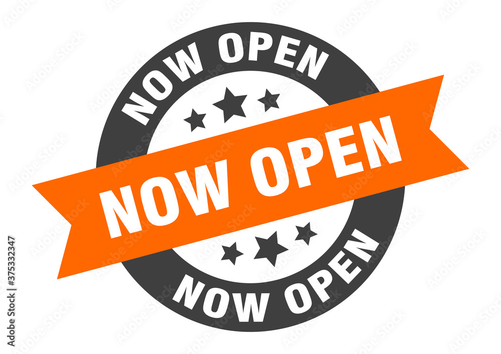 Fototapeta premium now open sign. round ribbon sticker. isolated tag