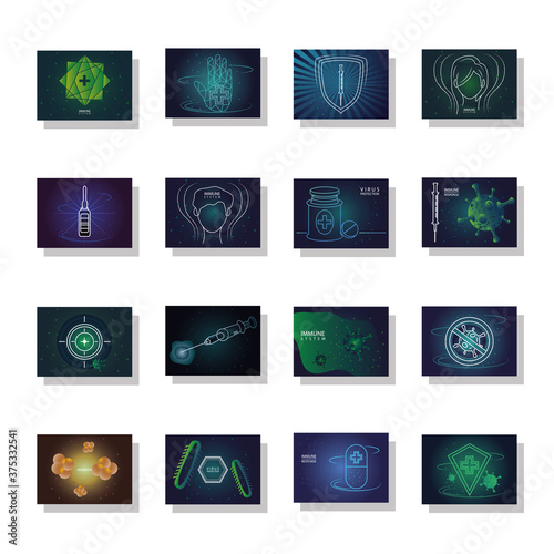 set of icons immunity, shield protecting from viruses, germs