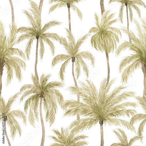 Watercolor seamless pattern with tropical palm trees. Coconut  palm. Gently green background with wildlife jungle elements. Aesthetic vintage wallpaper, wrapping
