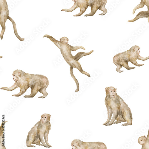 Watercolor seamless pattern with cute monkeys. Wild jungle animals. Tropical wildlife. Background with chimpanze for textile  wallpaper  poster