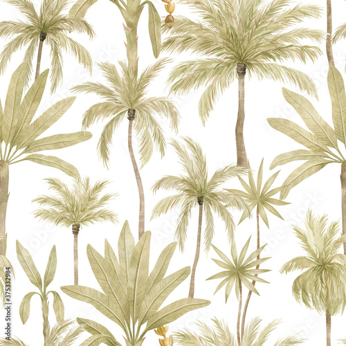 Watercolor seamless pattern with tropical palm trees. Coconut and banana palm. Gently green background with wildlife jungle elements. Aesthetic vintage wallpaper, wrapping © Kate K.
