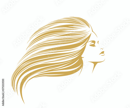 Woman with long, wavy hairstyle and elegant makeup.Beauty and hair salon logo.Cosmetics and spa icon.Young lady portrait isolated on white background.Blonde girl face.
