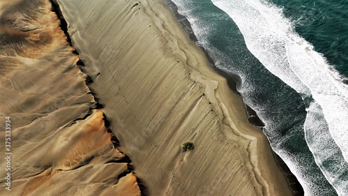 View from above of the colorful desert beach in the north of Peru between Chiclayo and Trujillo. Lonely desert sand beach meets wild Pacific.