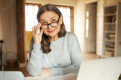 Photos Mature age, people and distant work concept