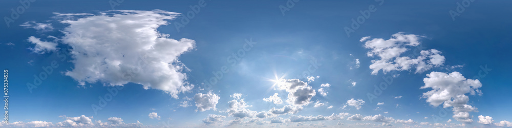 clear blue sky with beautiful clouds. Seamless hdri panorama 360 degrees angle view without ground for use in 3d graphics or game development as sky dome or edit drone shot - obrazy, fototapety, plakaty 
