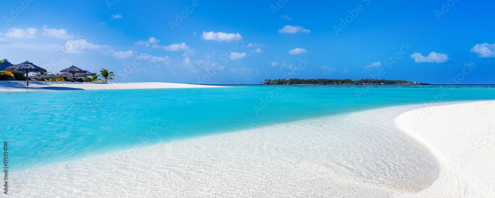 view of a tropical beach on a turquoise water lagoon in the Maldives with white sand and coconut trees