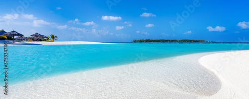 Fototapeta Naklejka Na Ścianę i Meble -  view of a tropical beach on a turquoise water lagoon in the Maldives with white sand and coconut trees