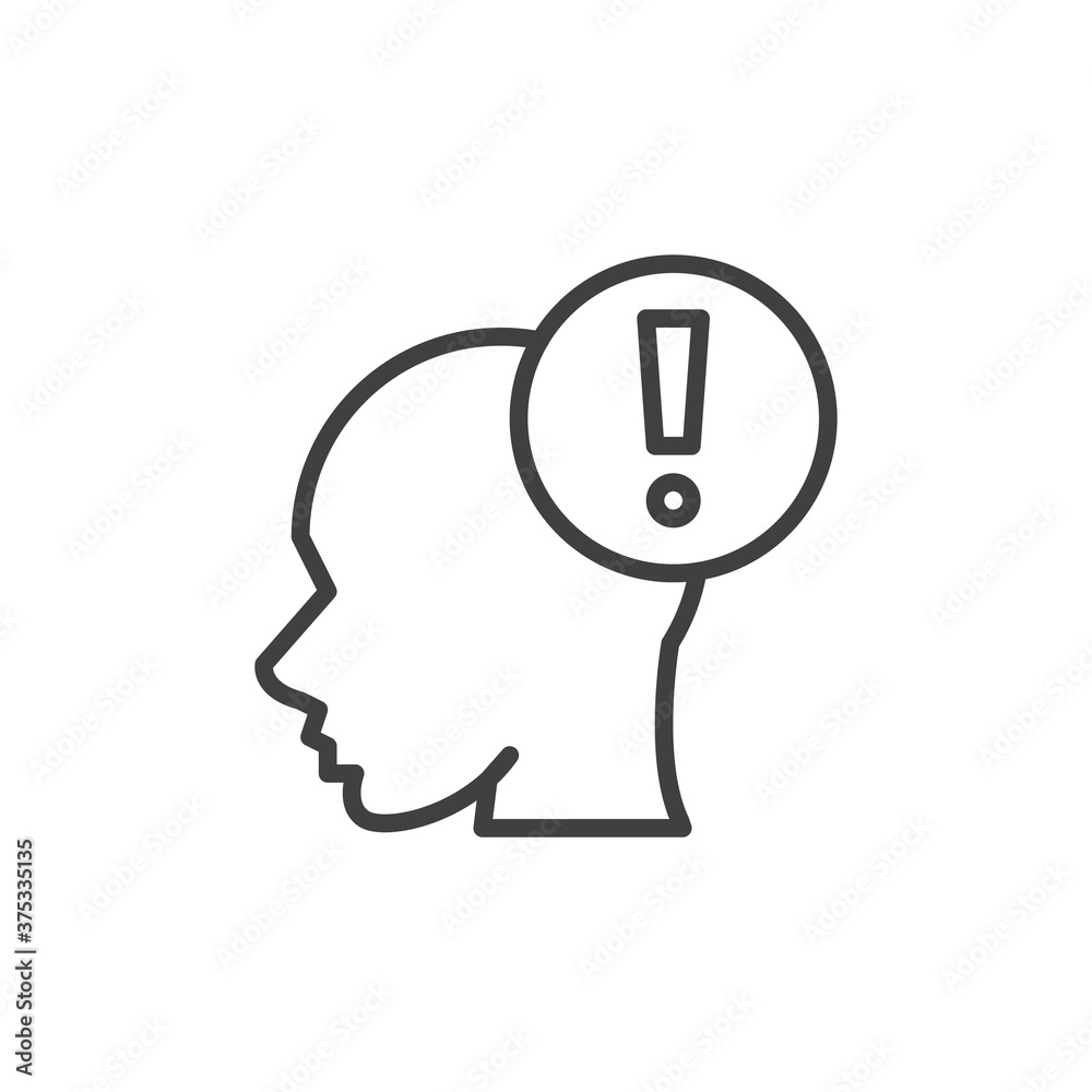 Head with exclamation mark line icon. linear style sign for mobile concept and web design. Idea solution think outline vector icon. Symbol, logo illustration. Vector graphics