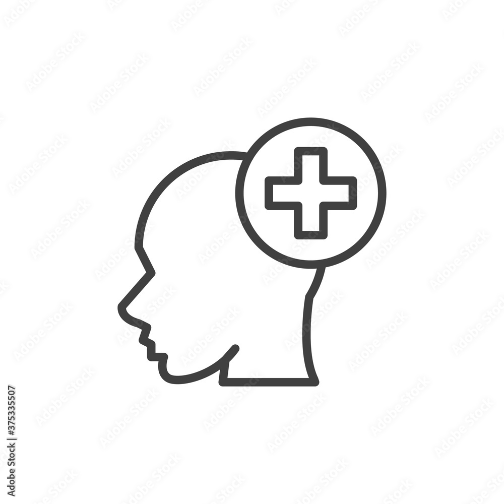 Mental health line icon. linear style sign for mobile concept and web design. Head with medical cross outline vector icon. Symbol, logo illustration. Vector graphics Mental health line icon. linear style sign for mobile concept and web design. Head with medical cross outline vector icon. Symbol, logo illustration. Vector graphics