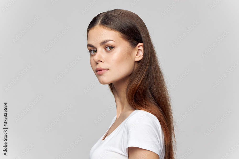 Woman portrait brunette t-shirt beautiful face Woman portrait brunette t-shirt beautiful face